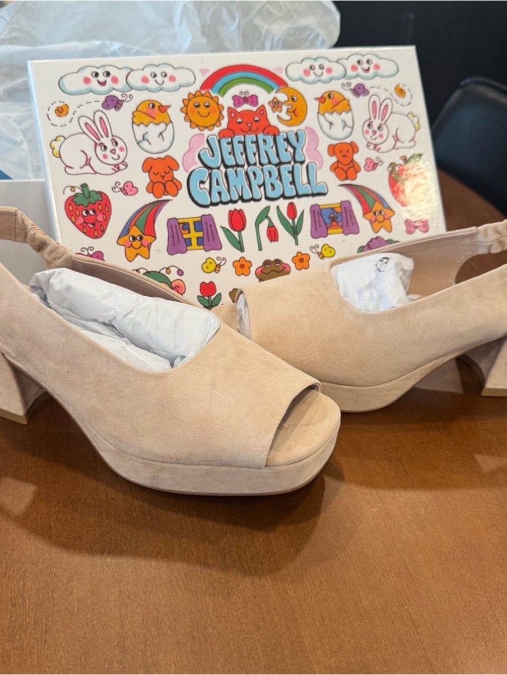 Jeffrey Campbell Beige Suede Peep-Toe Slingback Platform Heels